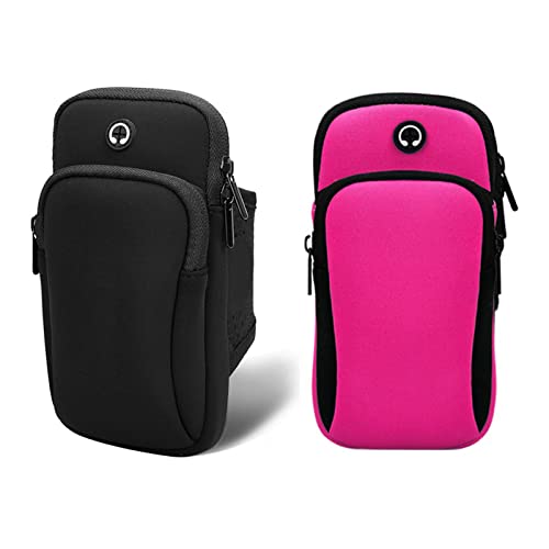 Brazalete Deportivo de Celular 2 Pack,Funda para Teléfono con Brazalete Deportivo para Correr, Bolsa de Brazo Compatible con Teléfono Móvil de Hasta 6.5 Pulgadas para Gimnasio/Exterior (Negro+Rosa)
